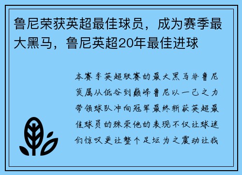 鲁尼荣获英超最佳球员，成为赛季最大黑马，鲁尼英超20年最佳进球